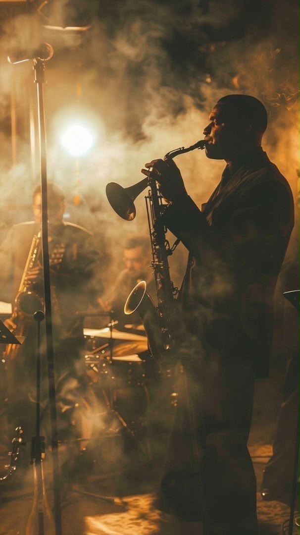 A saxophonist performs through warm stage haze at LA TABLE